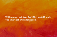 Nahaufnahme eines Gemäldes mit orangefarbenen und pfirsichfarbenen Tönen, eingebettet in den CANCOM smART Walk zur Darstellung der Kunst der Digitalisierung.